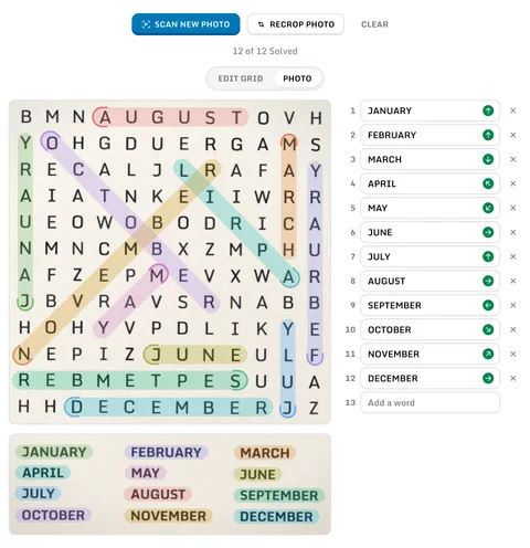 A scanned photo of a puzzle page with every word marked in place