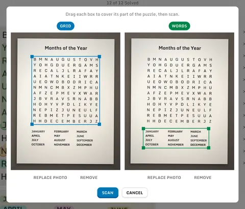 The crop screen, with a box over the grid on one photo and over the word list on the other