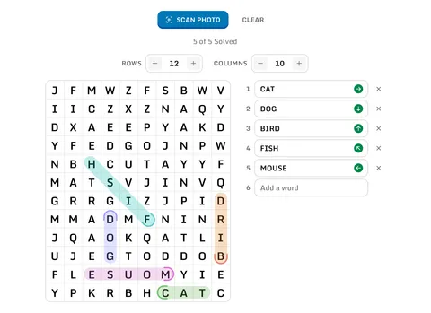 Five words listed beside the grid, each marked where it appears in the letters